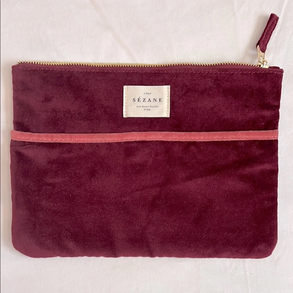Sézane burgundy cotton velour zip pouch with exterior pockets